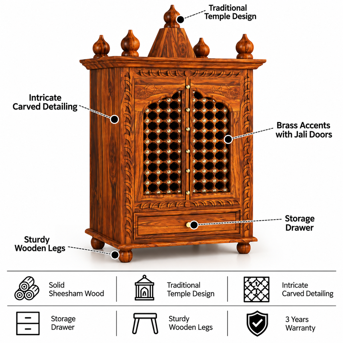 Brass Solid Sheesham Wood Mandir - 3 Years Warranty