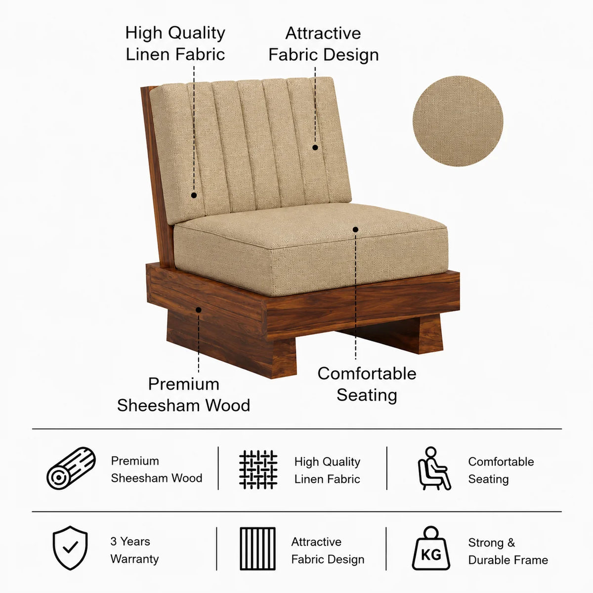 RONNY Solid Sheesham Wood Single Seater Sofa - 3 Year Warranty (LUXE EDITION)