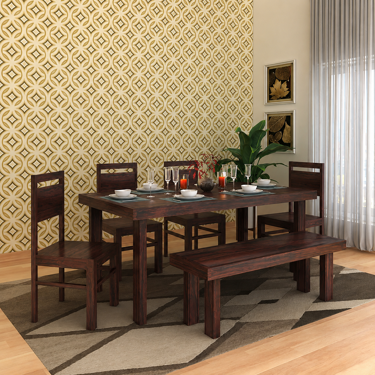 Jaipur Solid Sheesham Wood 6 Seater Dining Table Set - 3 Years Warranty