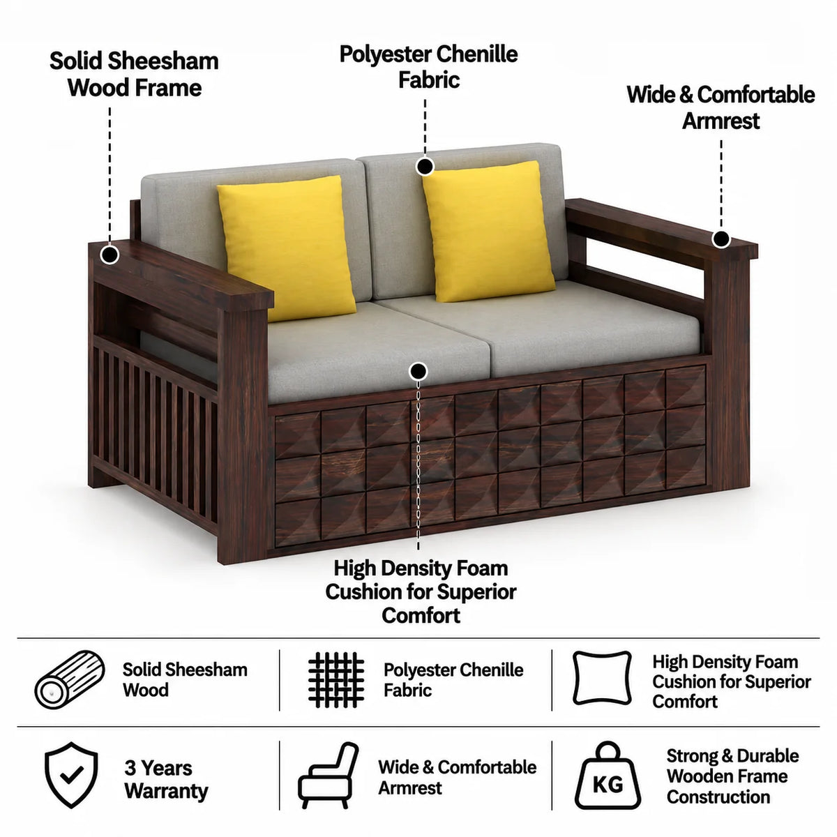 Oslo Solid Sheesham Wood 2 Seater Sofa With Side Pockets - 3 Years Warranty