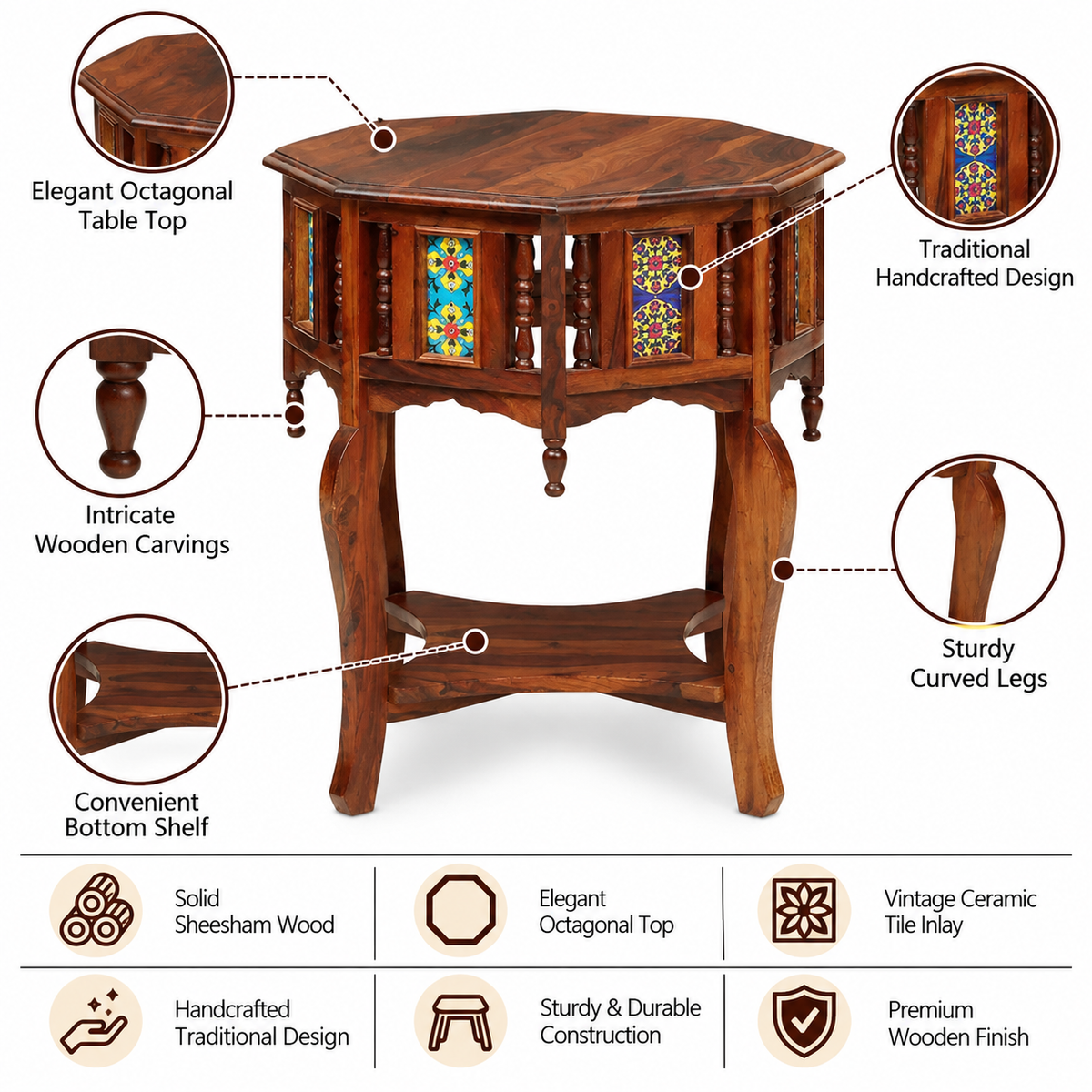 Udaipur Solid Sheesham Wood End Table - 3 Years Warranty