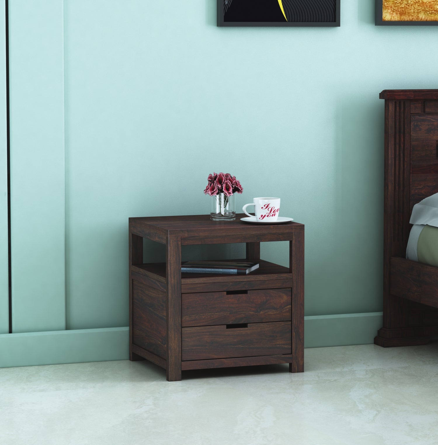 Rayon Solid Sheesham Wood Bedside Table With Two Drawer Storage -3 Years Warranty
