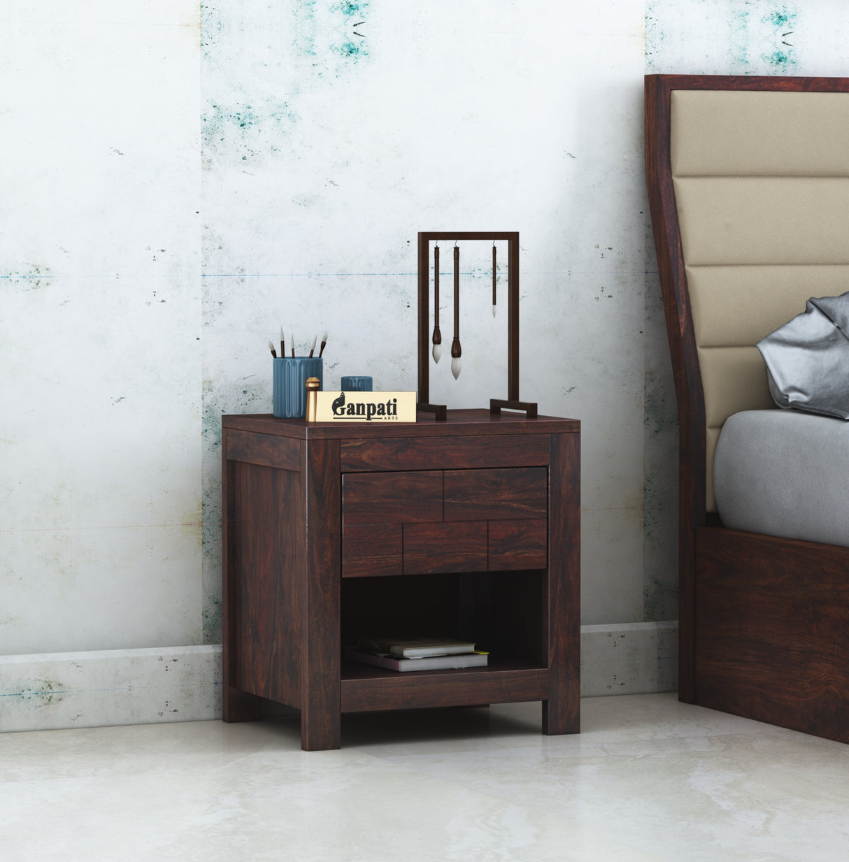 Italian Solid Sheesham Wood Bedside With One Drawer Storage - 3 Years Warranty