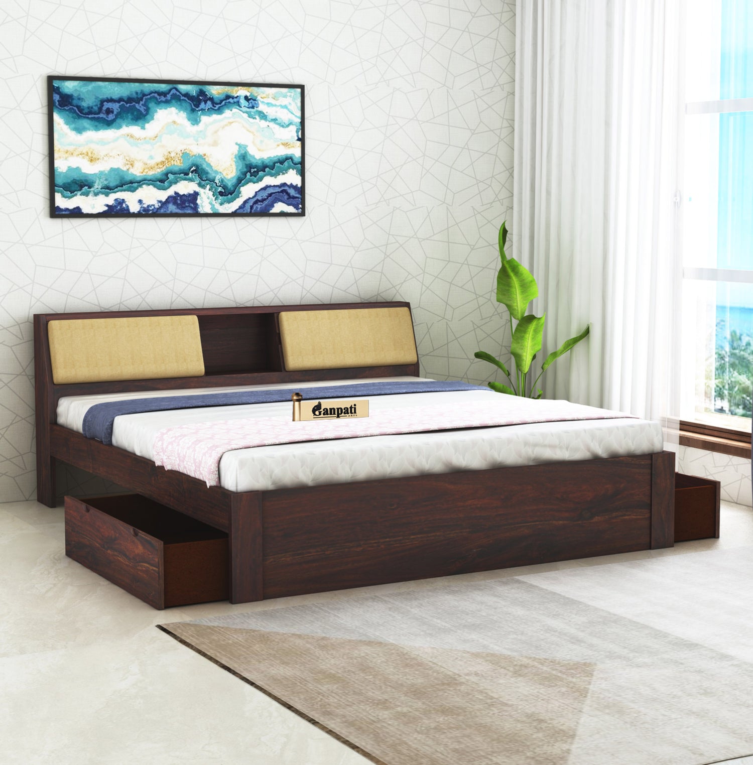 Mayor Solid Sheesham Wood Bed with Two Drawer Storage Natural - 3 Years Warranty