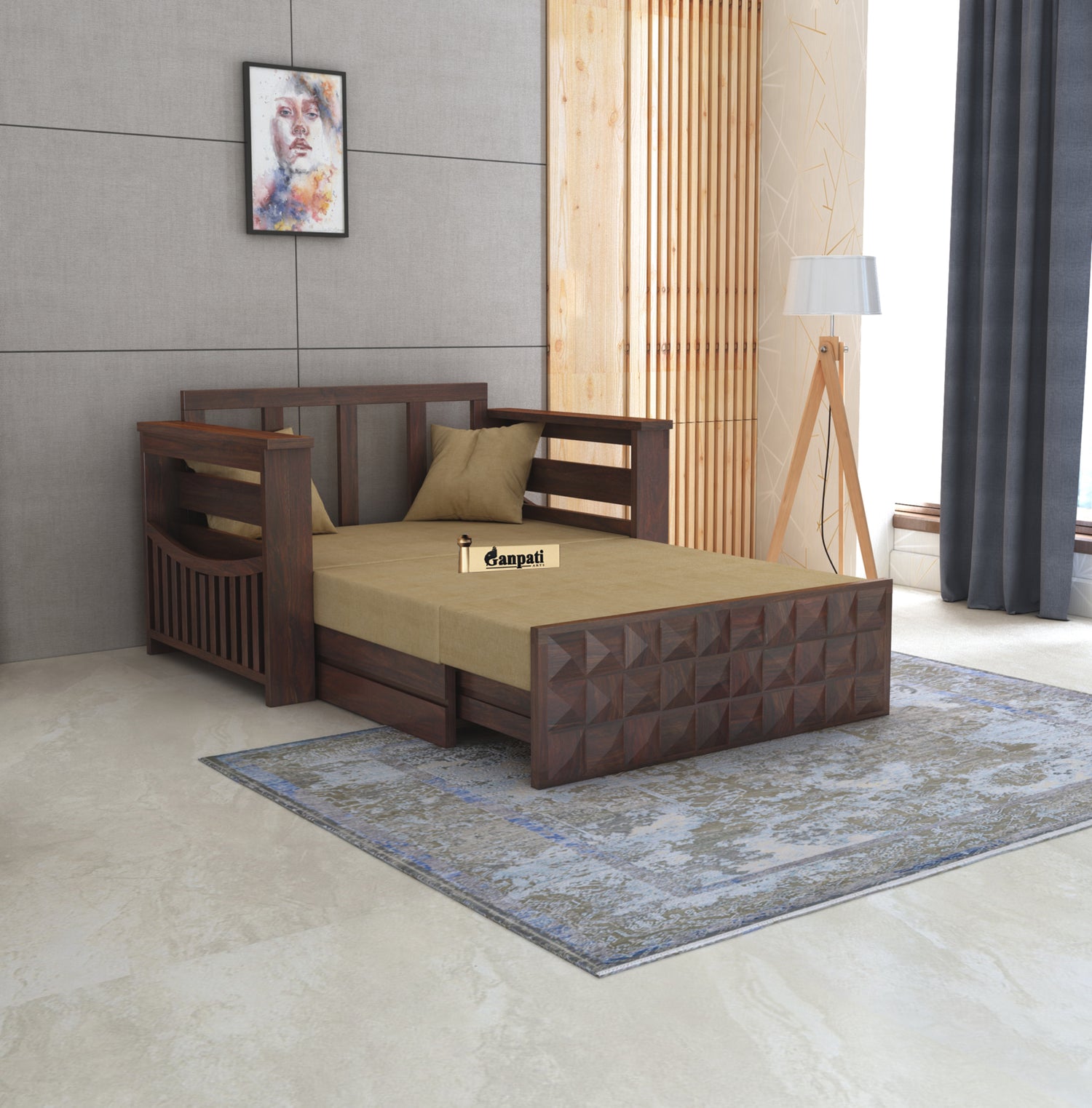 OSLO Solid Sheesham Wood Two Seater Sofa Cum Bed With Side Pocket - 3 Years Warranty