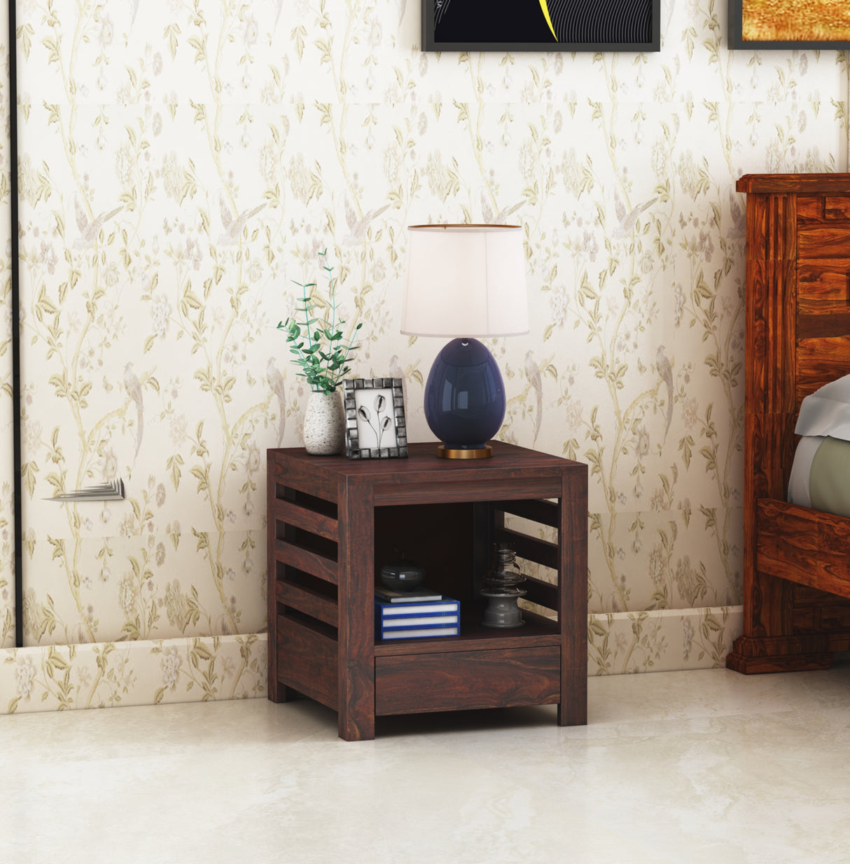 Cairo Solid Sheesham Wood Bedside Table With One Drawer Storage - 3 Years Warranty