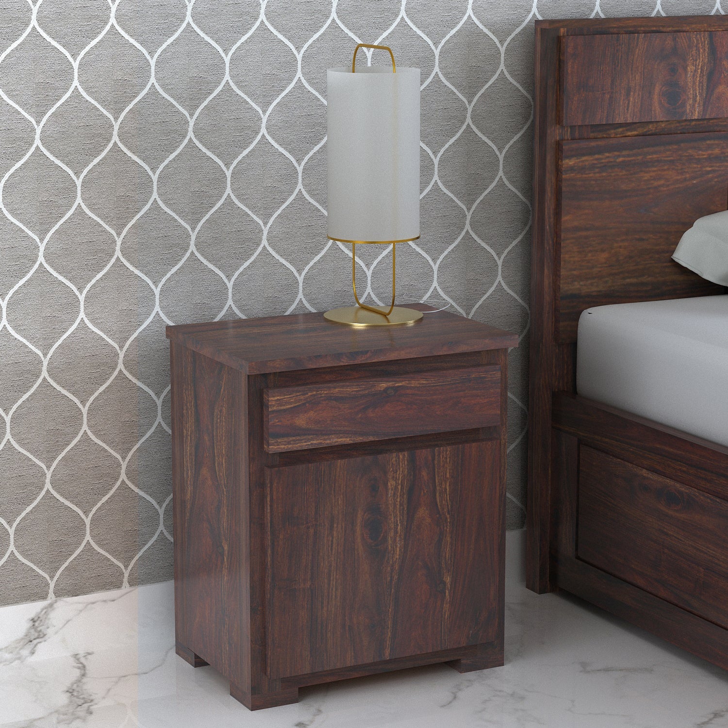 Scott Solid Sheesham Wood Bedside With Drawer and Door Storage - 3 years Warranty