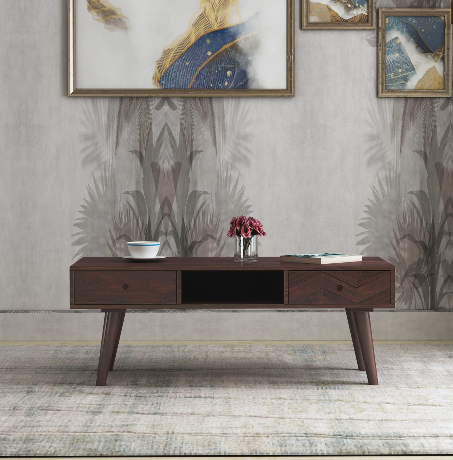 Simon Solid Sheesham Wood Coffee Table With Two Drawer Storage - 3 Years Warranty