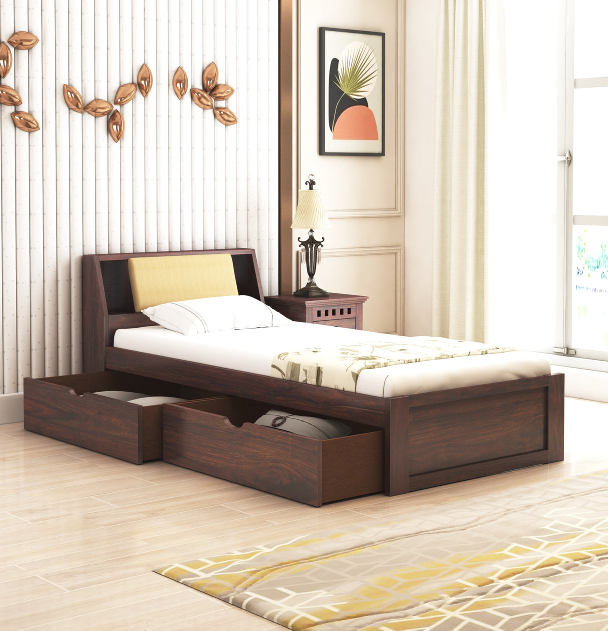 Mayor Solid Sheesham Wood Single Bed With Headboard and Drawer Storage - 3 Years Warranty