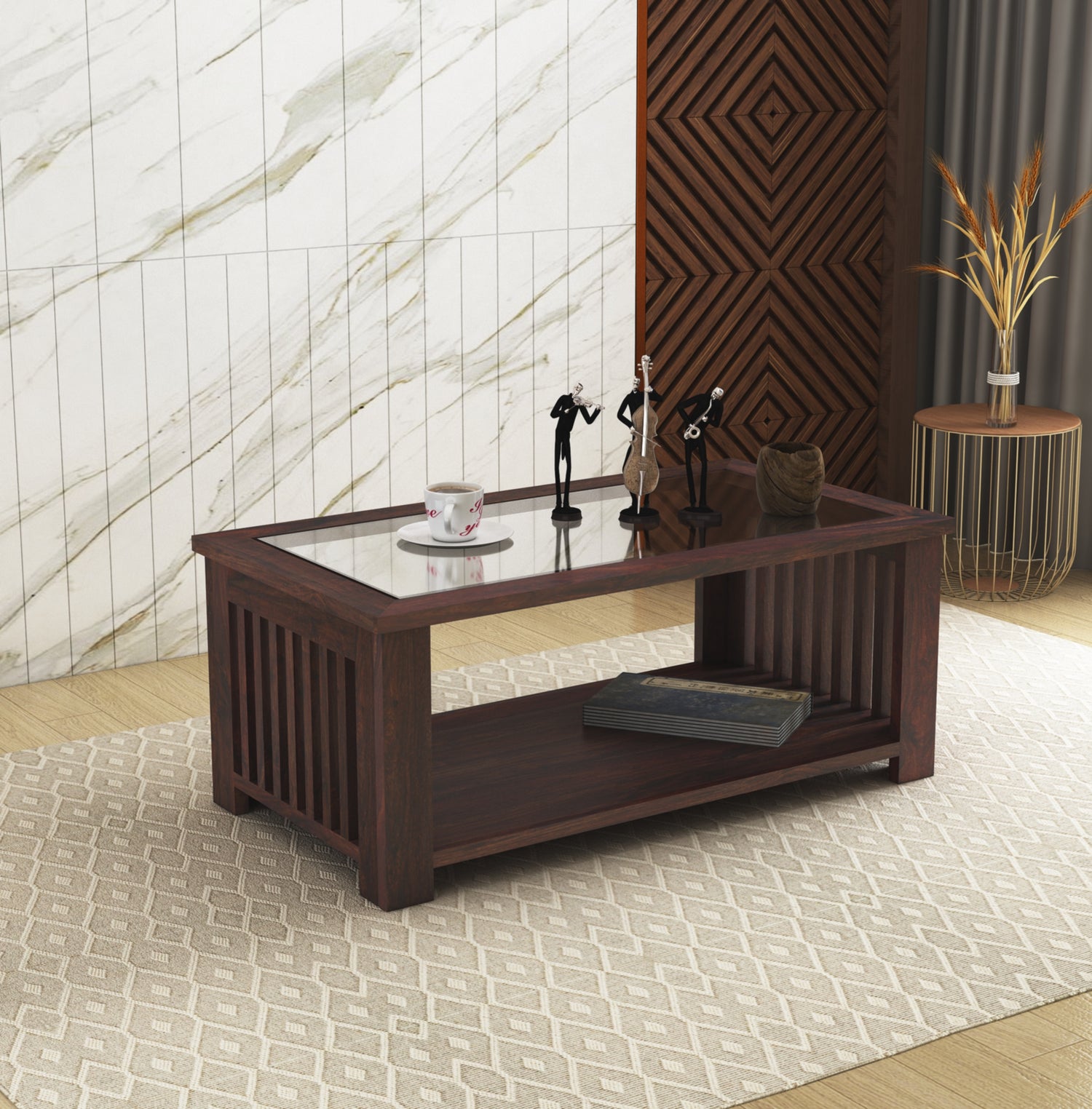 Maharaja Solid Sheesham Wood Coffee Table With Glass Top - 3 Years Warranty