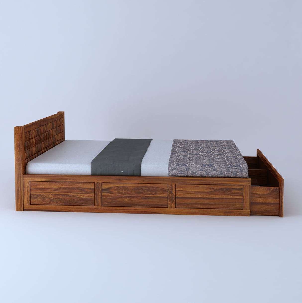 Oslo Diamond Solid Sheesham Wood Bed With Half Box and Trolly Storage - 3 Years Warranty