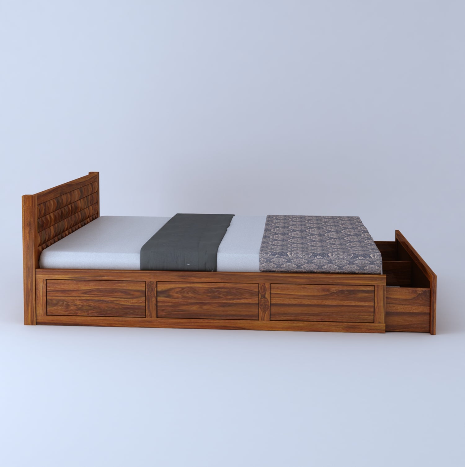 Oslo Diamond Solid Sheesham Wood Bed With Half Box and Trolly Storage - 3 Years Warranty