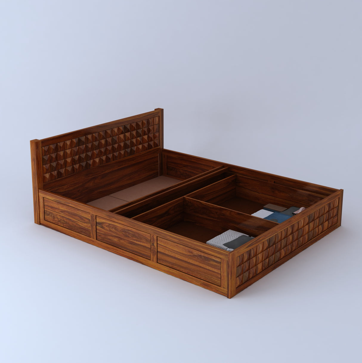 Oslo Diamond Solid Sheesham Wood Bed With Half Box and Trolly Storage - 3 Years Warranty