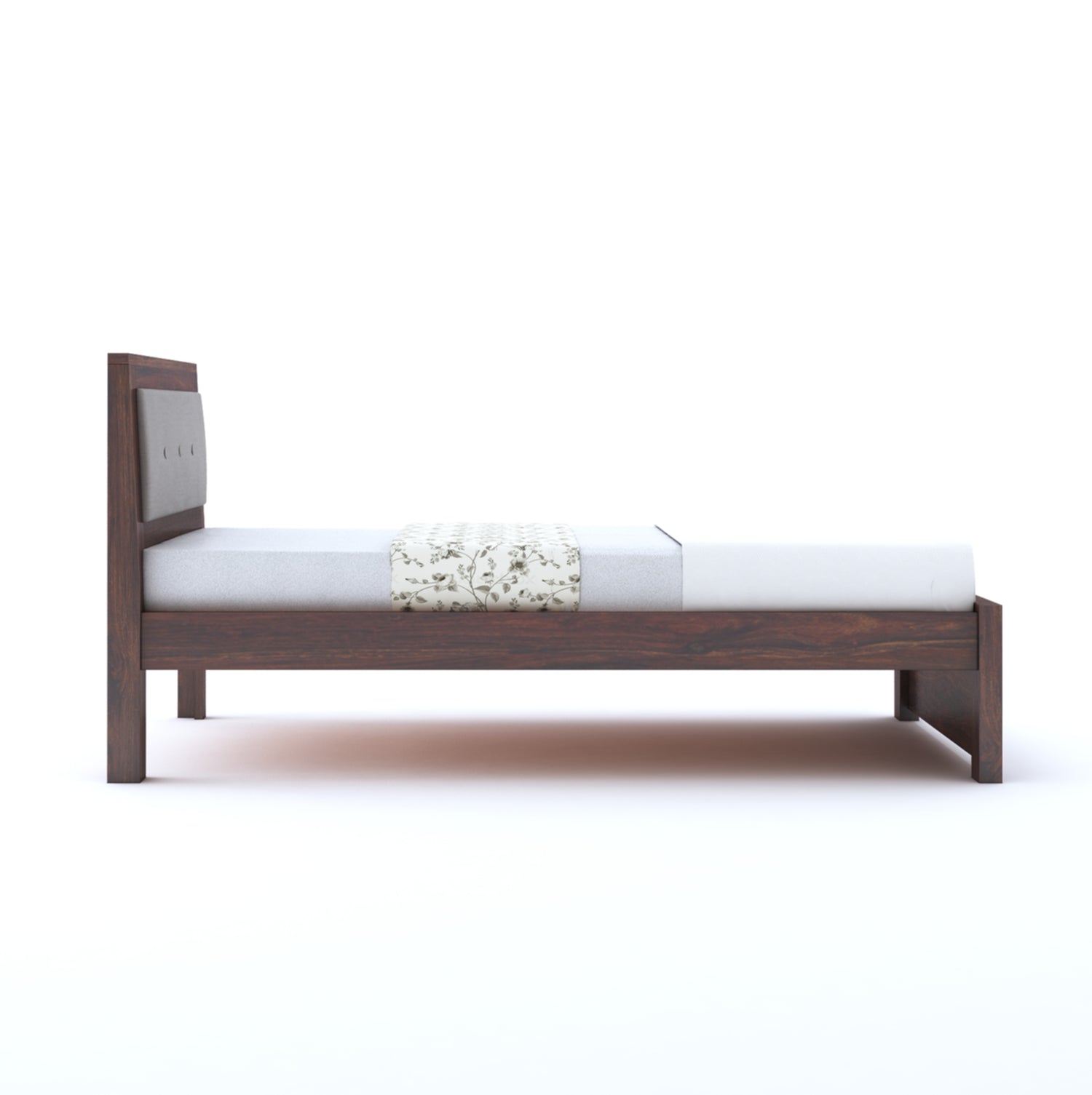 EURO Solid Sheesham Wood Single Bed With Upholstered Headboard - 3 Years Warranty