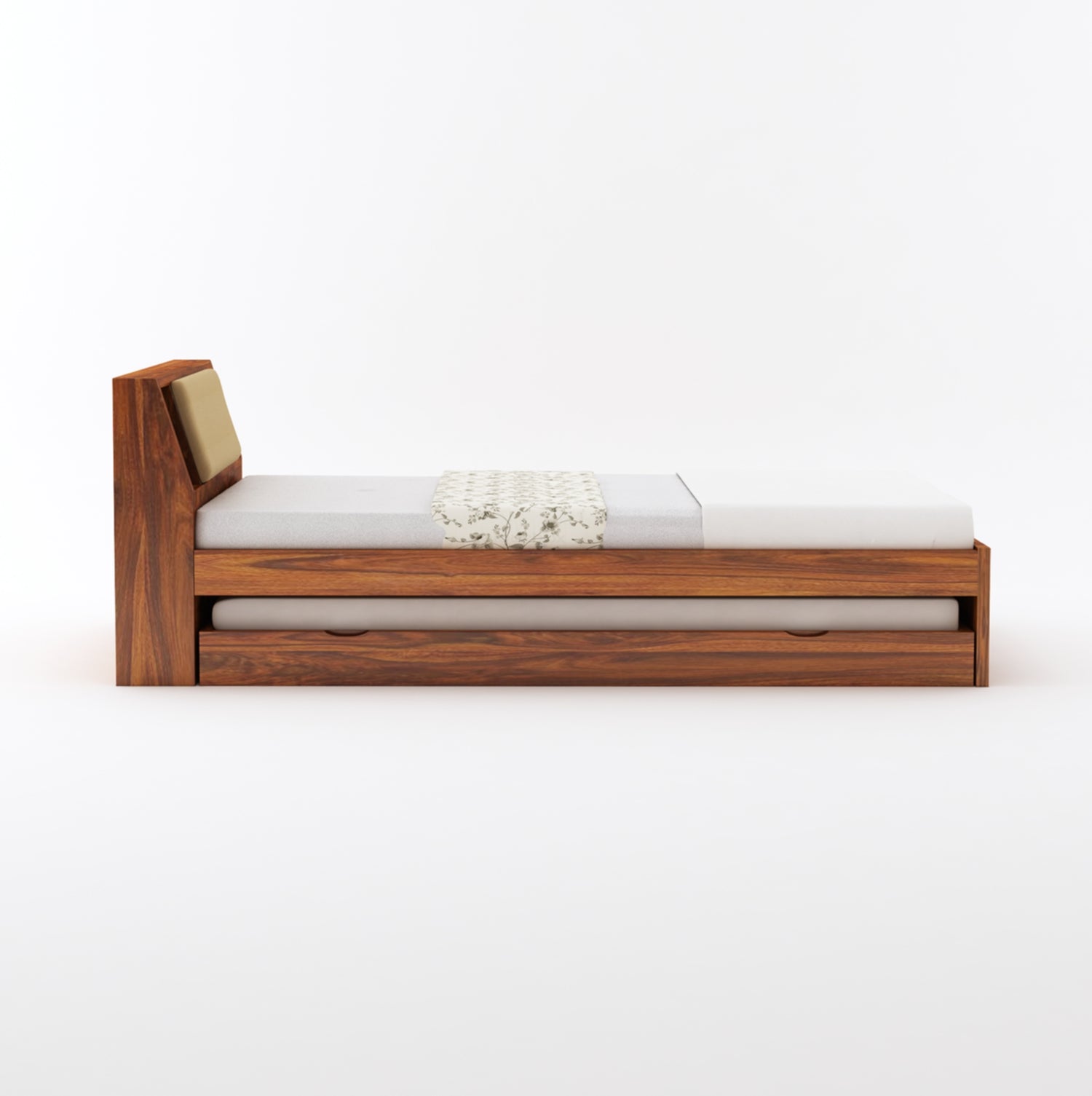 Mayor Solid Sheesham Wood Single Trundle Bed With Headboard Storage - 3 Years Warranty