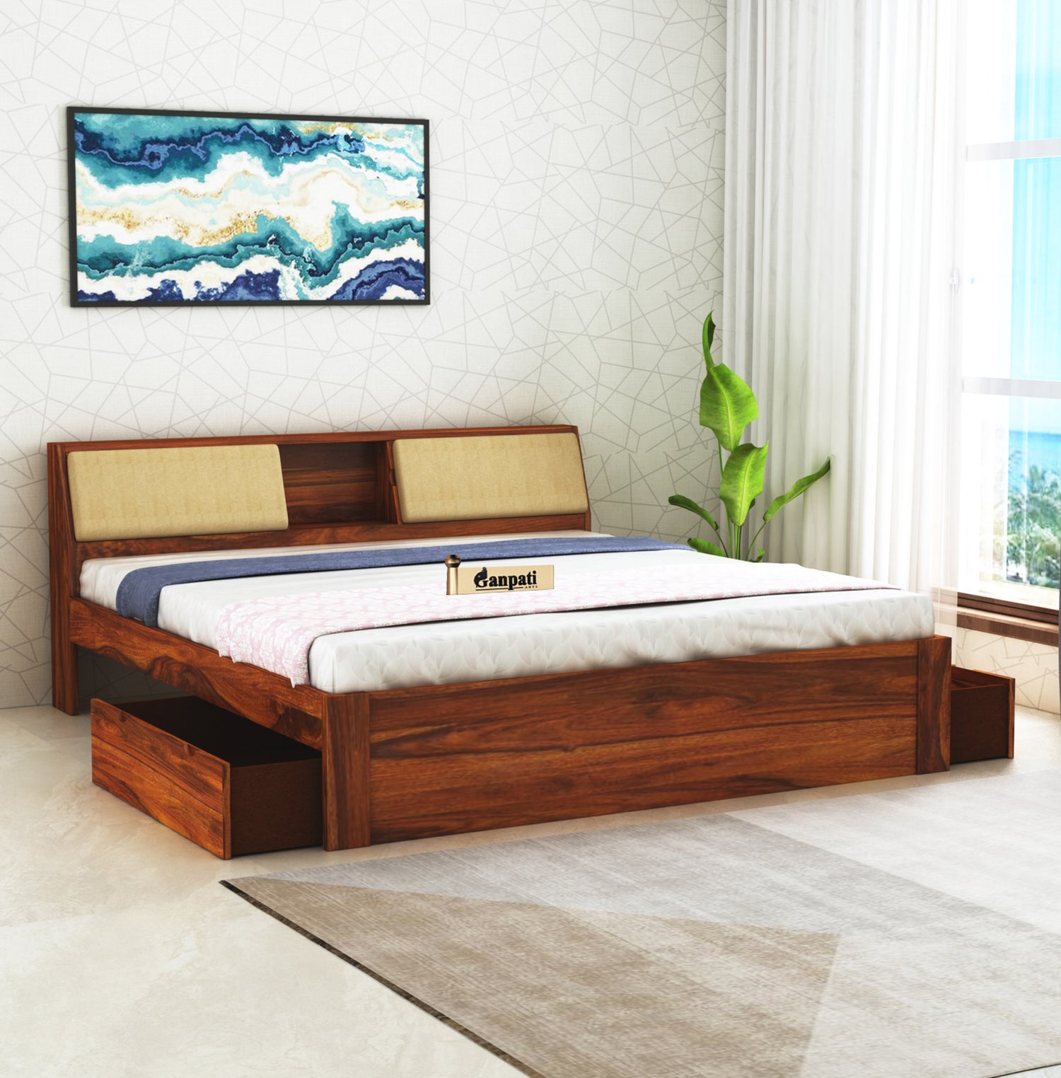 Mayor Solid Sheesham Wood Bed with Two Drawer Storage Natural - 3 Years Warranty