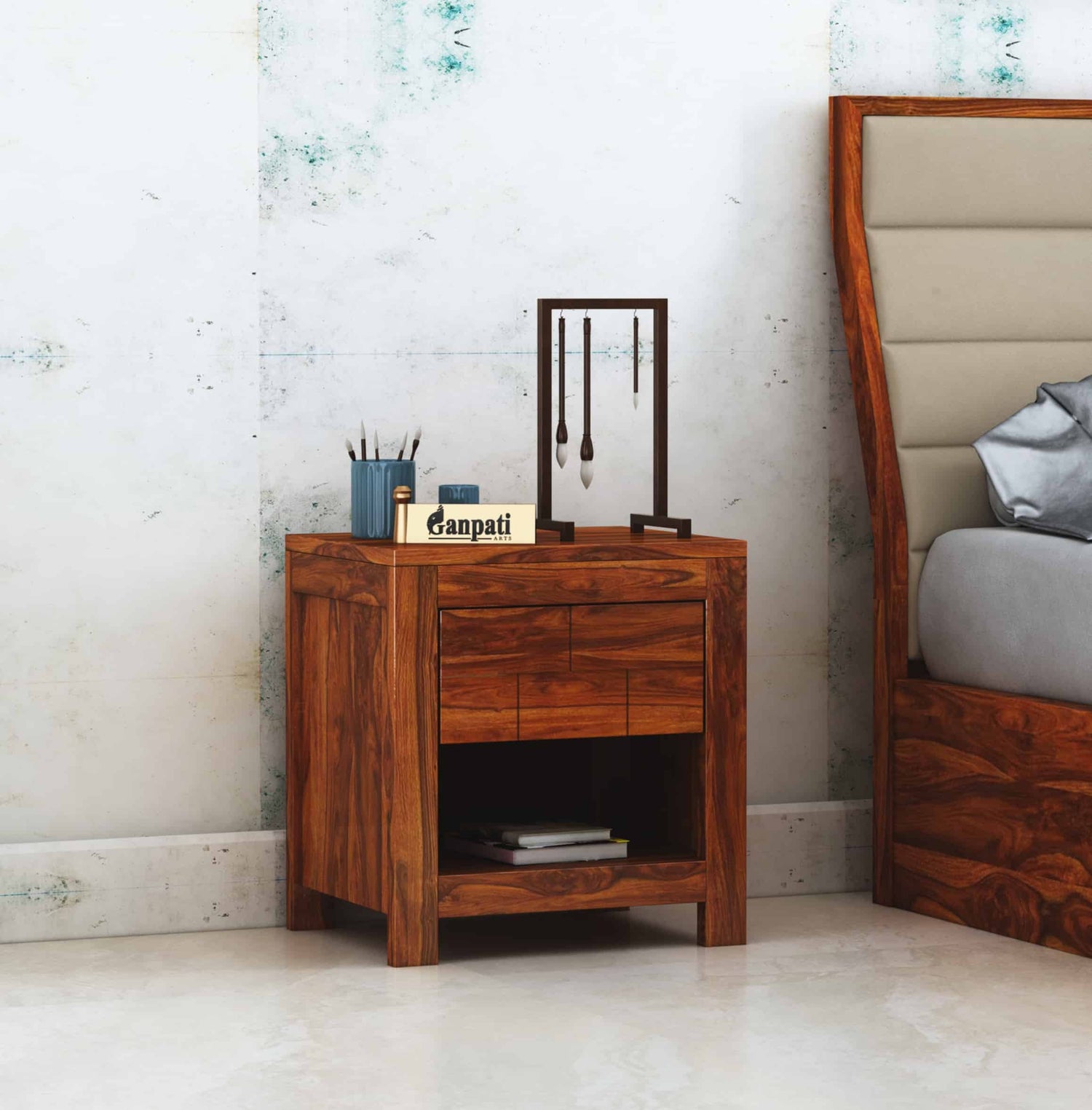 Italian Solid Sheesham Wood Bedside With One Drawer Storage - 3 Years Warranty