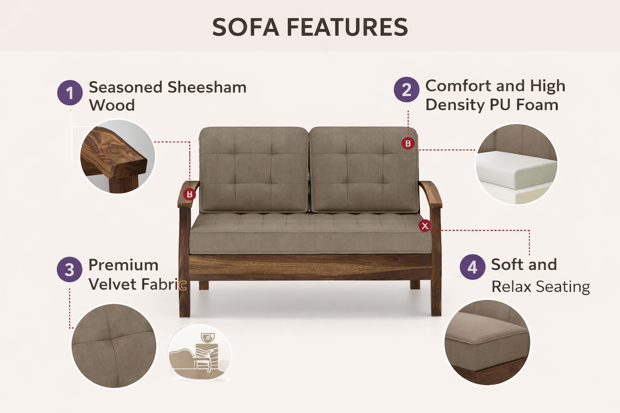 RAYON Solid Sheesham Wood 2 Seater Sofa - 3 Year Warranty (LUXE EDITION)