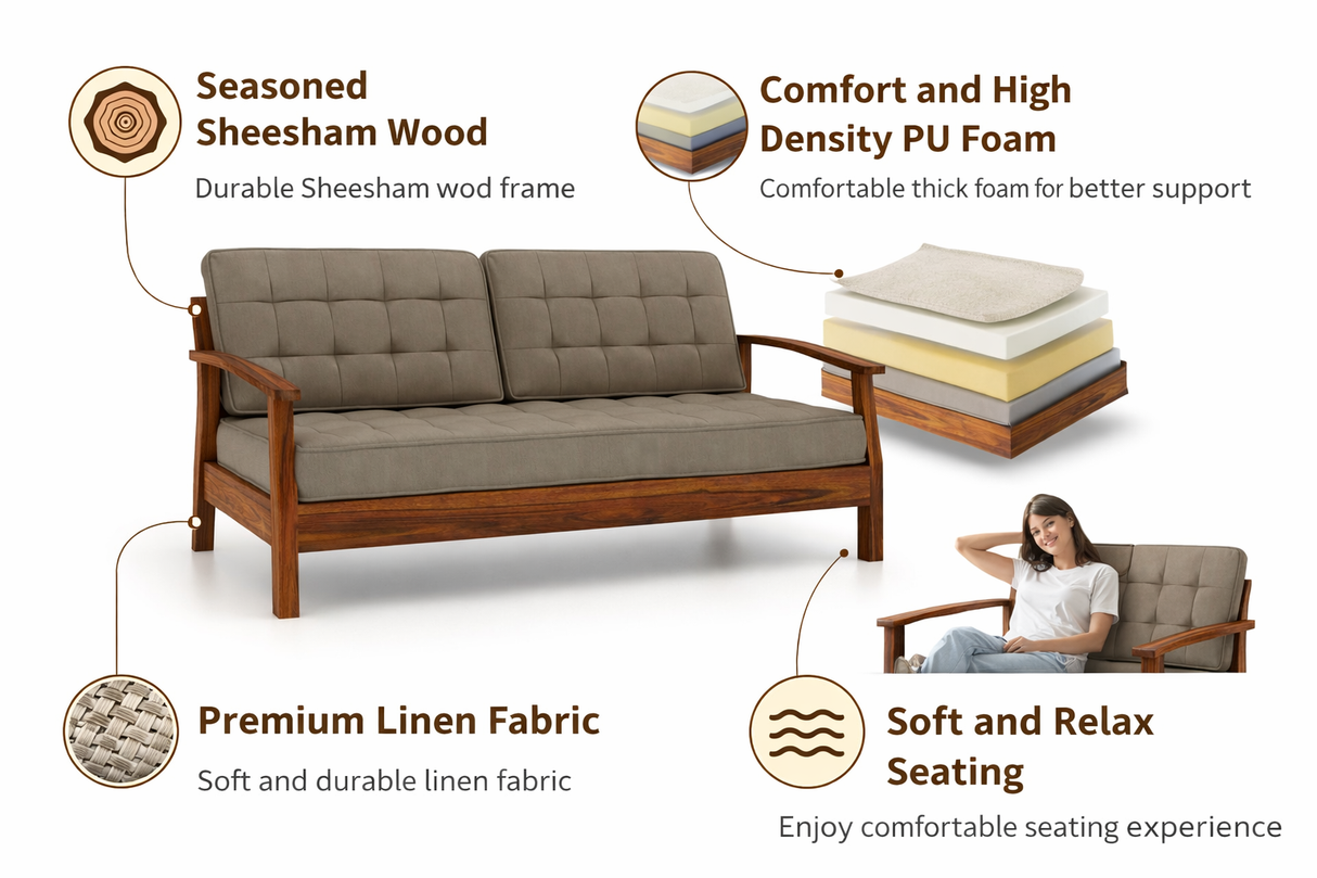 RAYON Solid Sheesham Wood 3 Seater Sofa - 3 Year Warranty (LUXE EDITION)