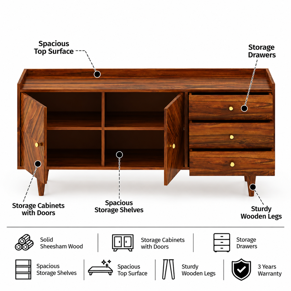 Wave Solid Sheesham Wood Sideboard Storage Unit With Two Doors and Three Drawers - 3 Years Warranty