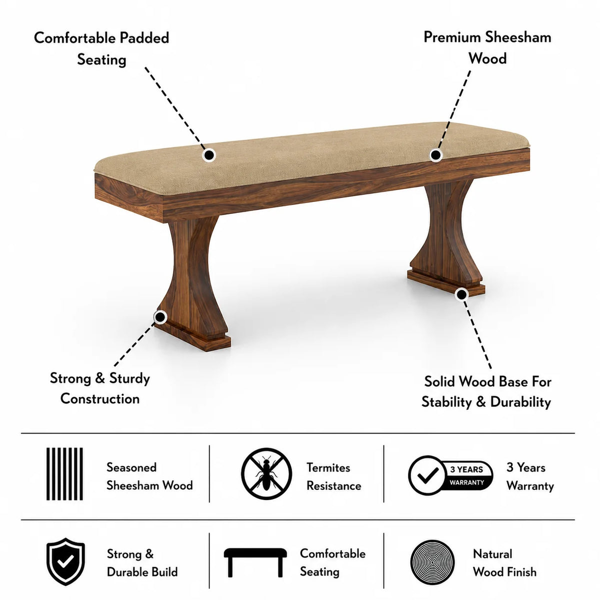 Maron Dining Bench in Solid Sheesham Wood - 3 Years Warranty