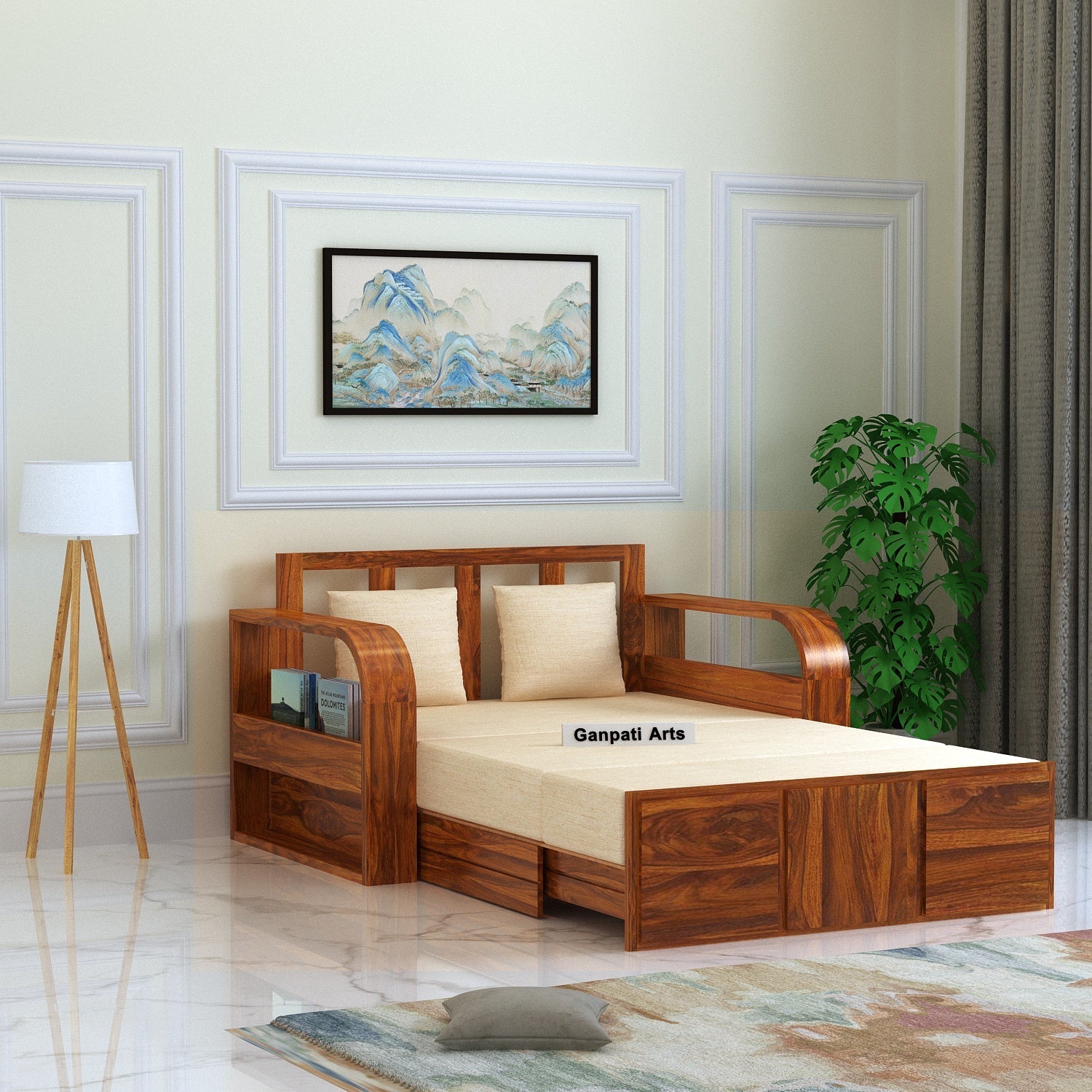 Scott Solid Sheesham Wood 2 Seater Sofa Cum Bed With Mini Storage - 3 Years Warranty