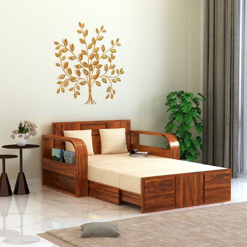 Scott Solid Sheesham Wood 2 Seater Sofa Cum Bed With Headboard and Mini Storage - 3 Years Warranty