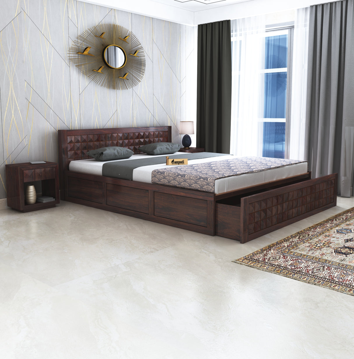 Oslo Diamond Solid Sheesham Wood Bed With Half Box and Trolly Storage - 3 Years Warranty