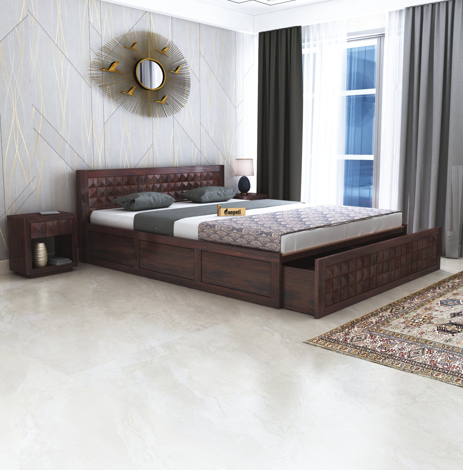 Oslo Diamond Solid Sheesham Wood Bed With Half Box and Trolly Storage - 3 Years Warranty