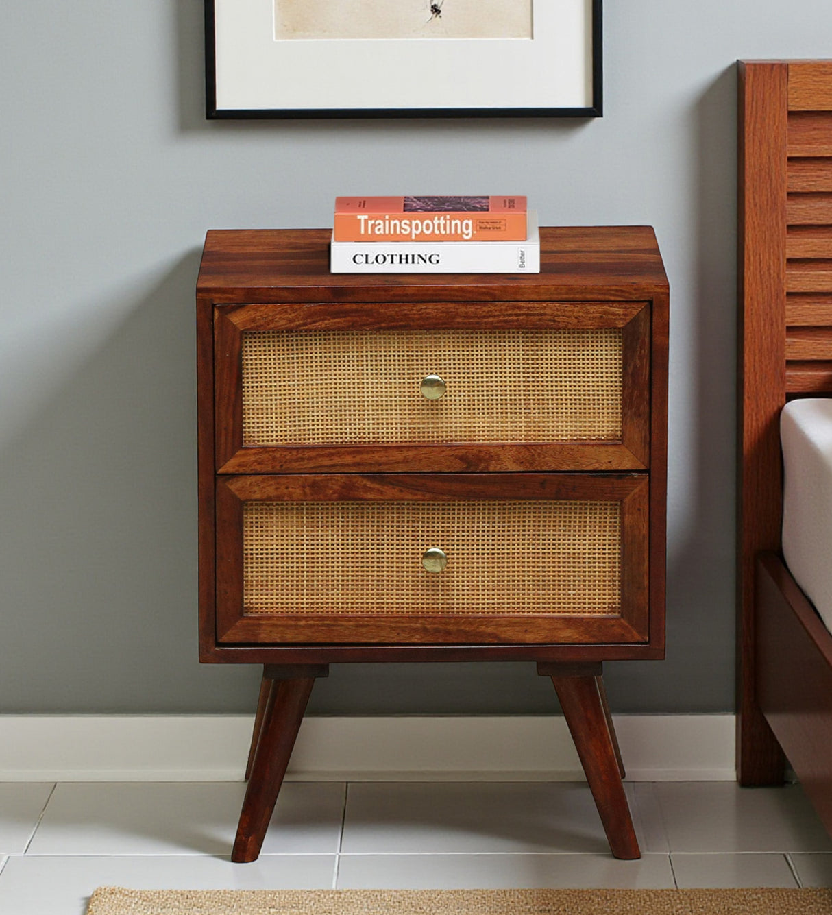 Syrus Solid Sheesham Wood Two Drawer Bedside Cane - 3 Years Warranty