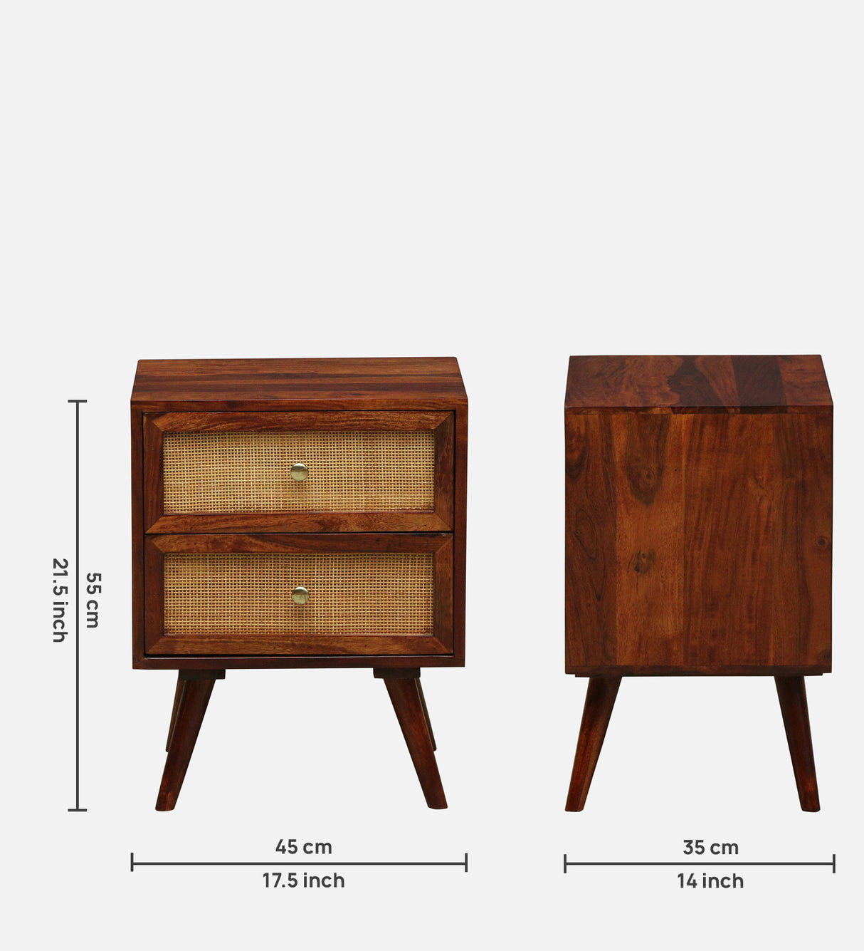 Syrus Solid Sheesham Wood Two Drawer Bedside Cane - 3 Years Warranty