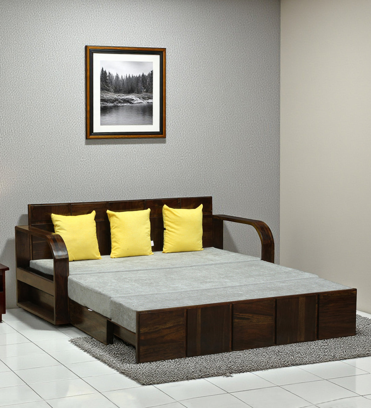 Scott Solid Sheesham Wood 3 Seater Sofa Cum Bed with Headboard Design - 3 Years Warranty