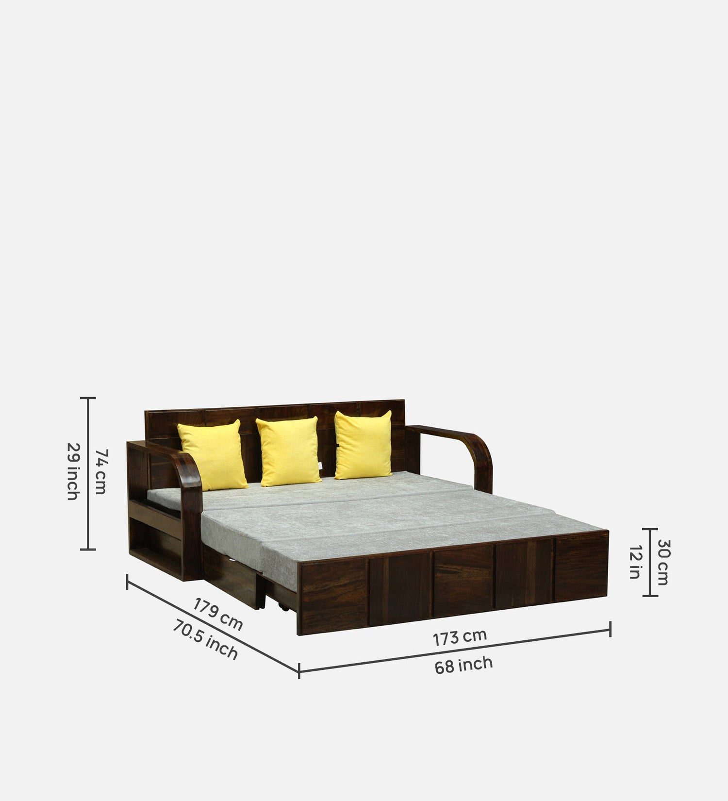 Scott Solid Sheesham Wood 3 Seater Sofa Cum Bed with Headboard Design - 3 Years Warranty