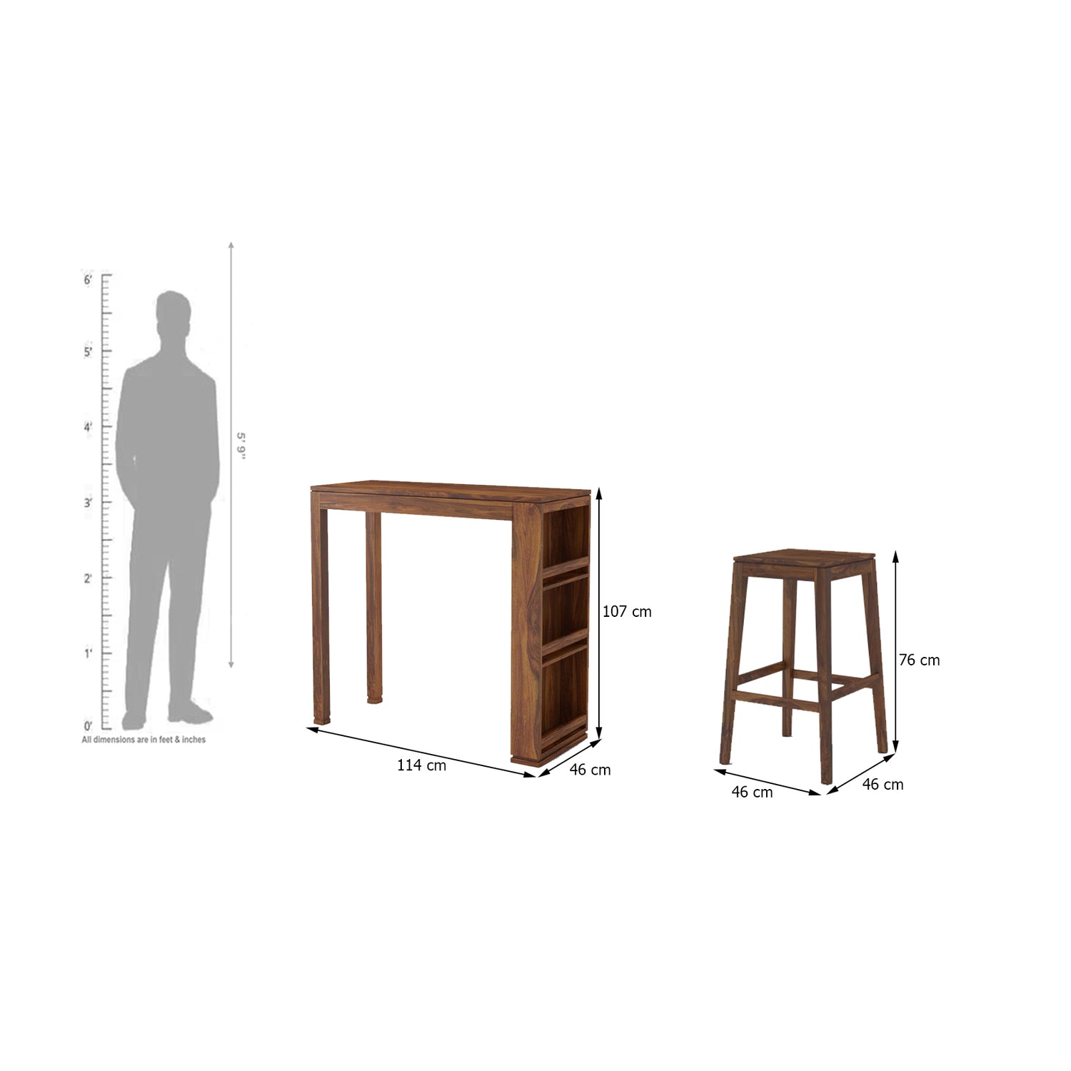 Foster Solid Sheesham Wood Bar Table With Two Stools - 3 Years Warranty