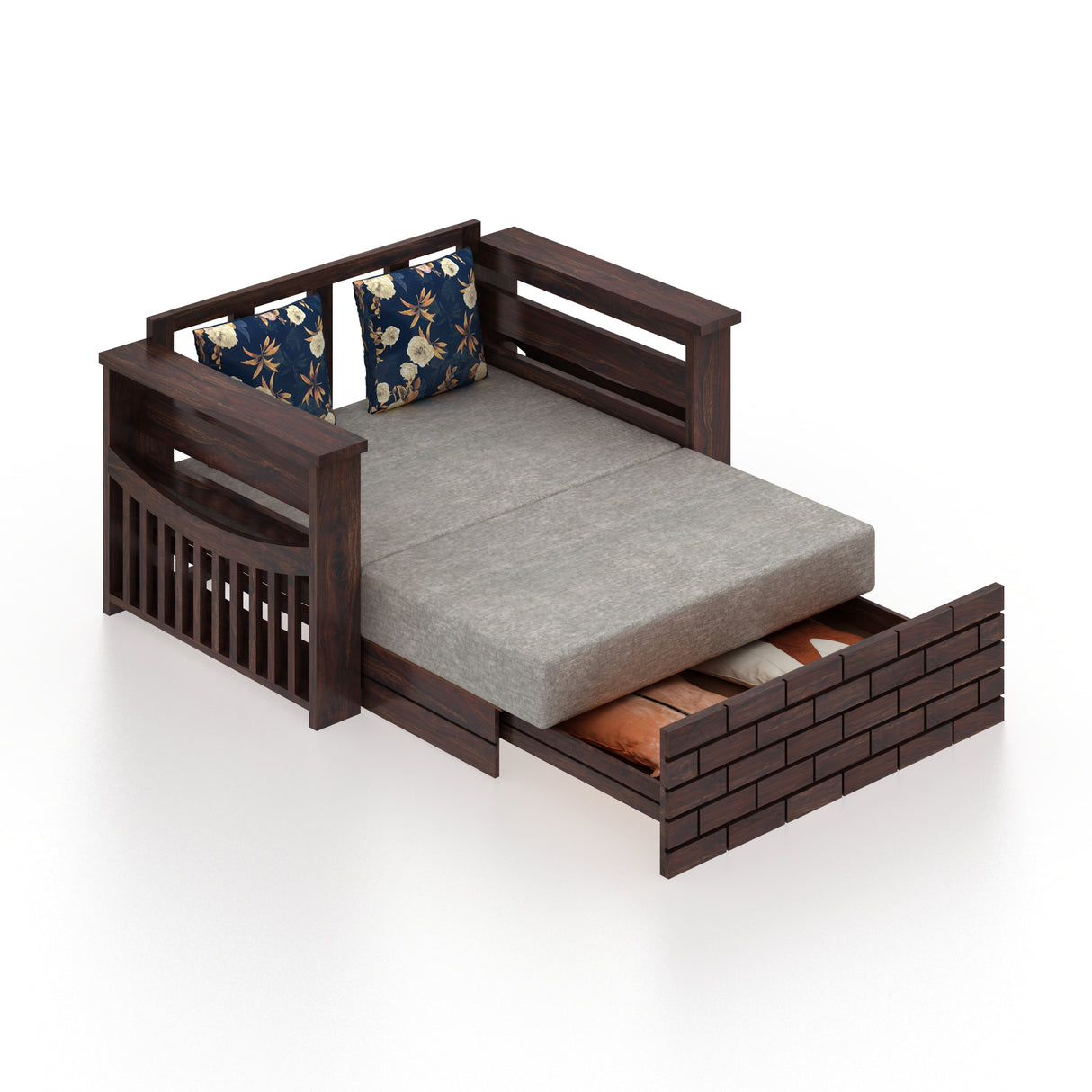 Italian Solid Sheesham Wood 2 Seater Sofa Cum Bed With Side Pockets - 3 Years Warranty