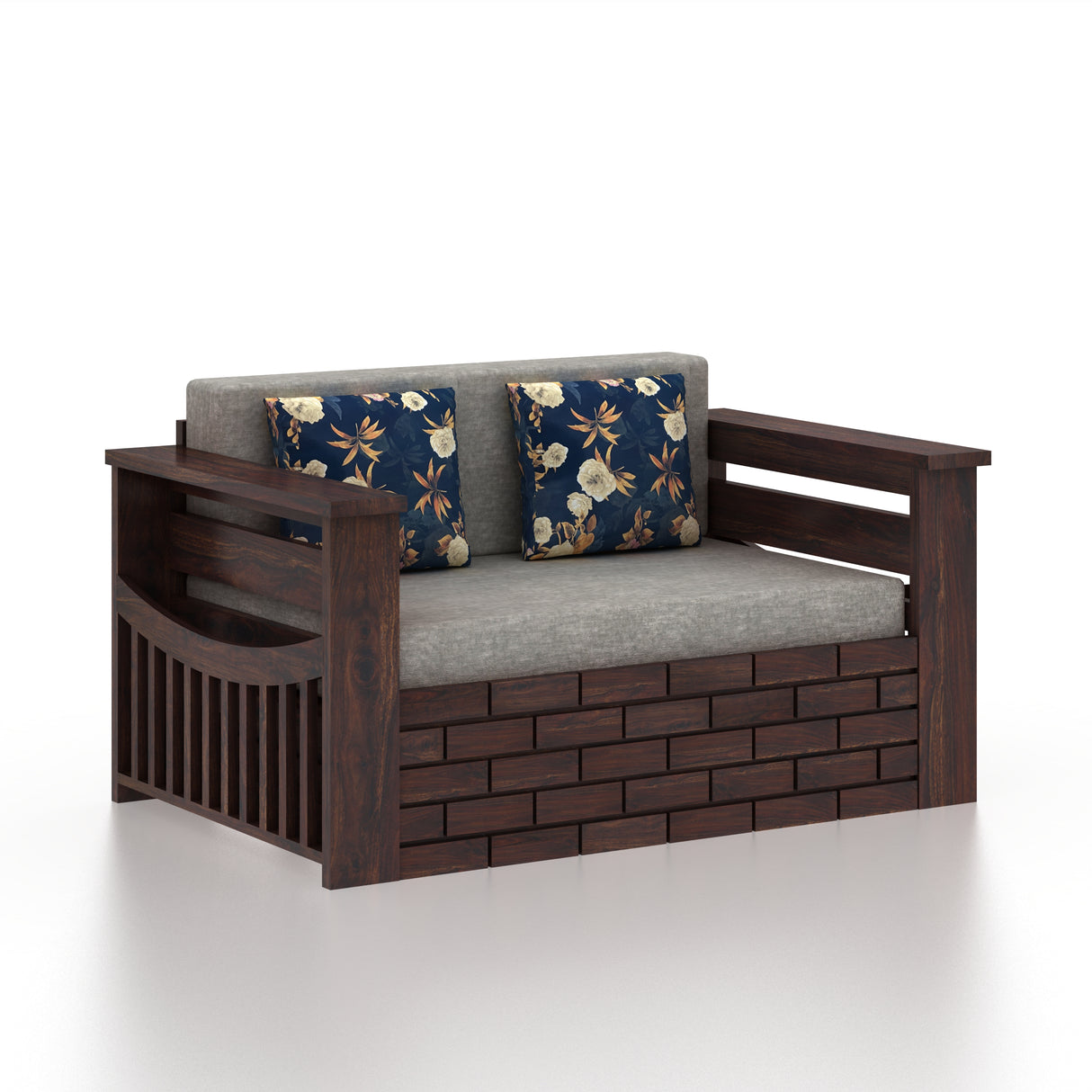 Italian Solid Sheesham Wood 2 Seater Sofa Cum Bed With Side Pockets - 3 Years Warranty