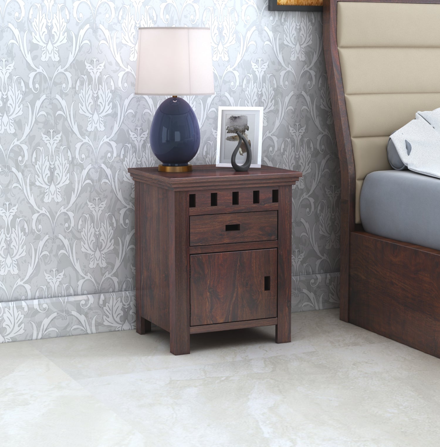 Armania Bedside Table With Storage in Solid Sheesham Wood - 3 Years Warranty