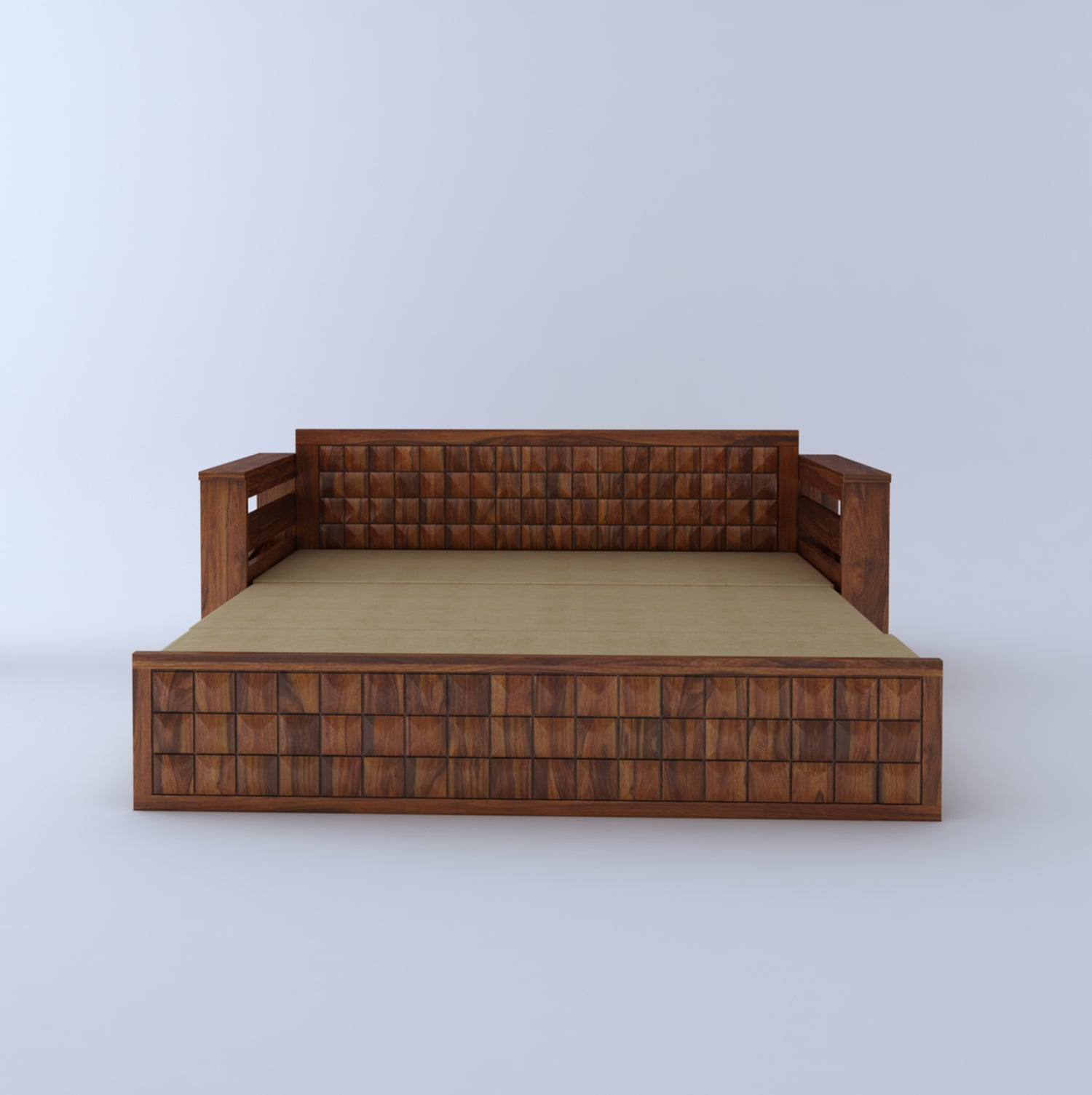 OSLO Solid Sheesham Wood 3 Seater Sofa Cum Bed With Headboard and Mini Storage - 3 Years Warranty