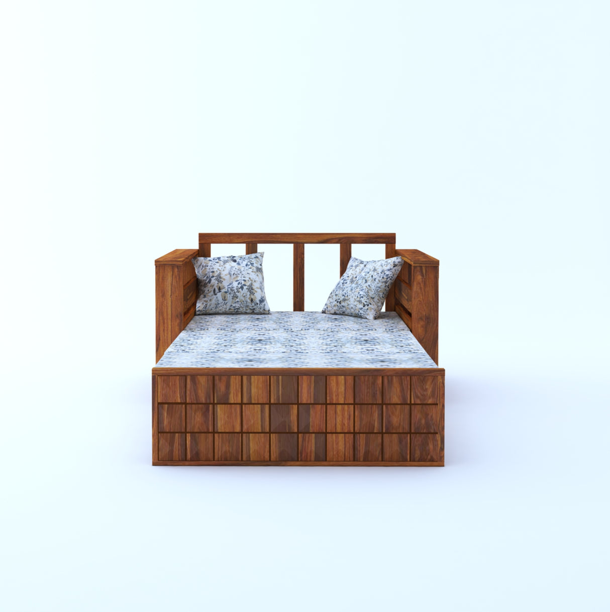 OSLO Solid Sheesham Wood 2 Seater Sofa Cum Bed With Side Pocket FLORAL - 3 Years Warranty