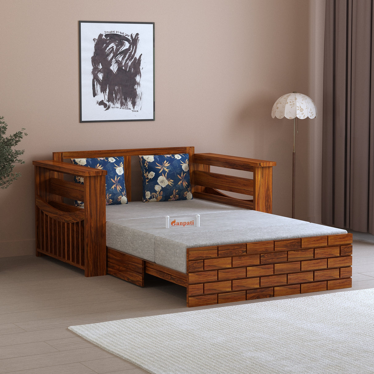 Italian Solid Sheesham Wood 2 Seater Sofa Cum Bed With Side Pockets - 3 Years Warranty