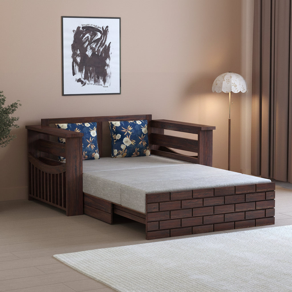 Italian Solid Sheesham Wood 2 Seater Sofa Cum Bed With Side Pockets - 3 Years Warranty