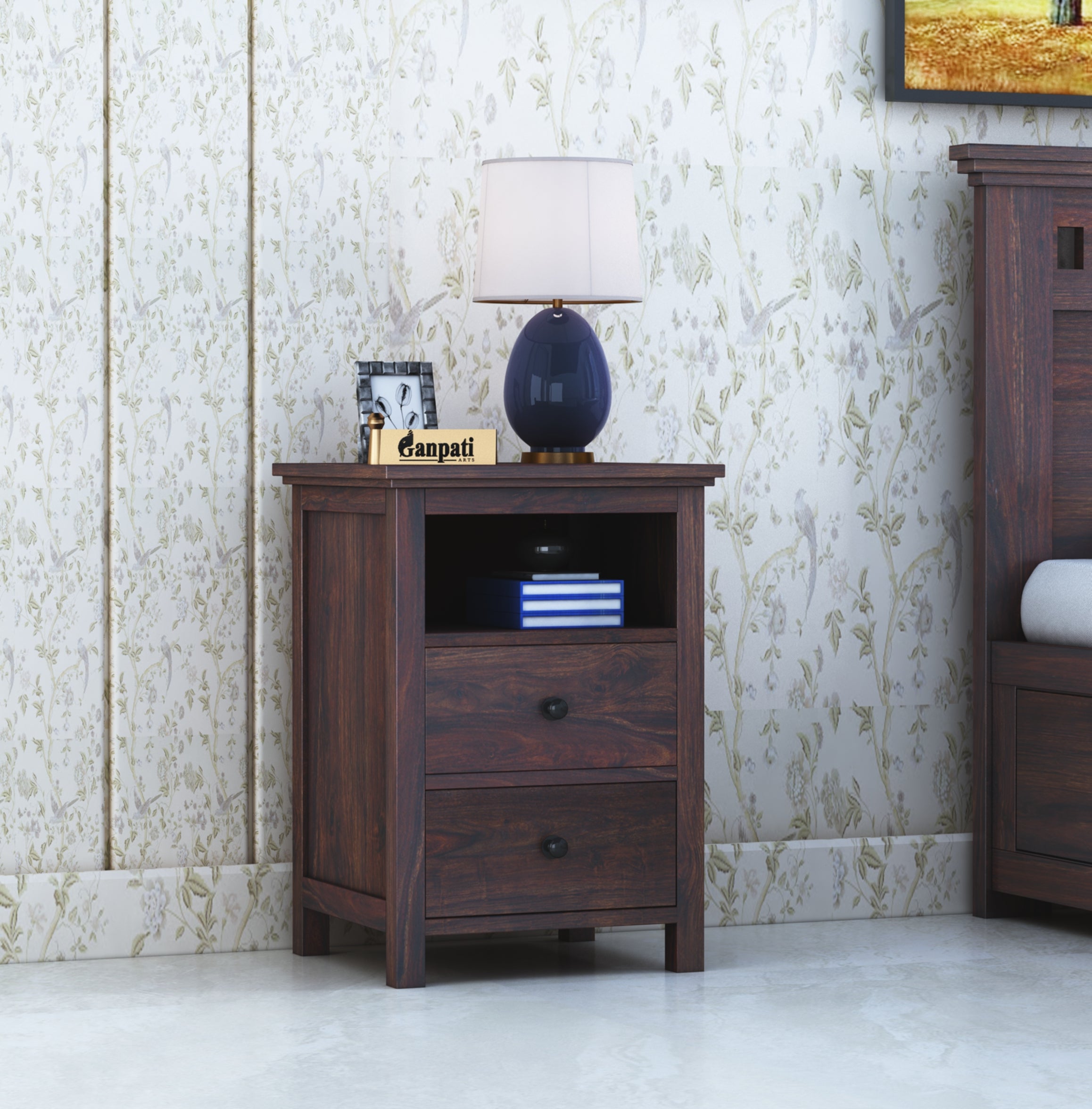 Swift Solid Sheesham Wood Bedside Table With Two Drawer Storage -3 Years Warranty