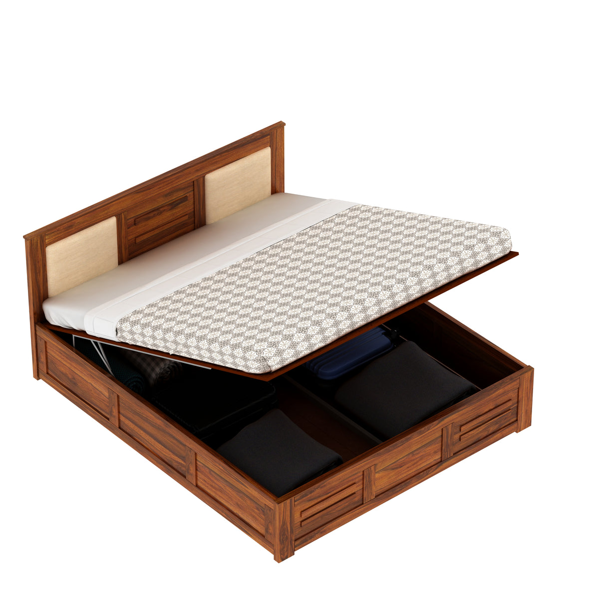 Swiss Solid Sheesham Wood Hydraulic Storage Bed with Upholstered Backrest - 3 years Warranty