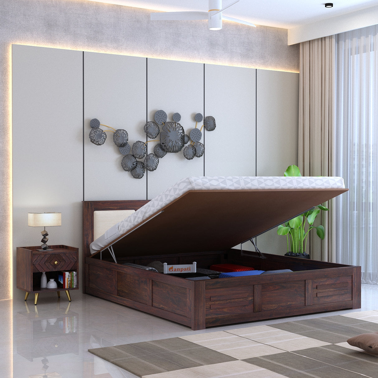 Swiss Solid Sheesham Wood Hydraulic Storage Bed with Upholstered Backrest - 3 years Warranty