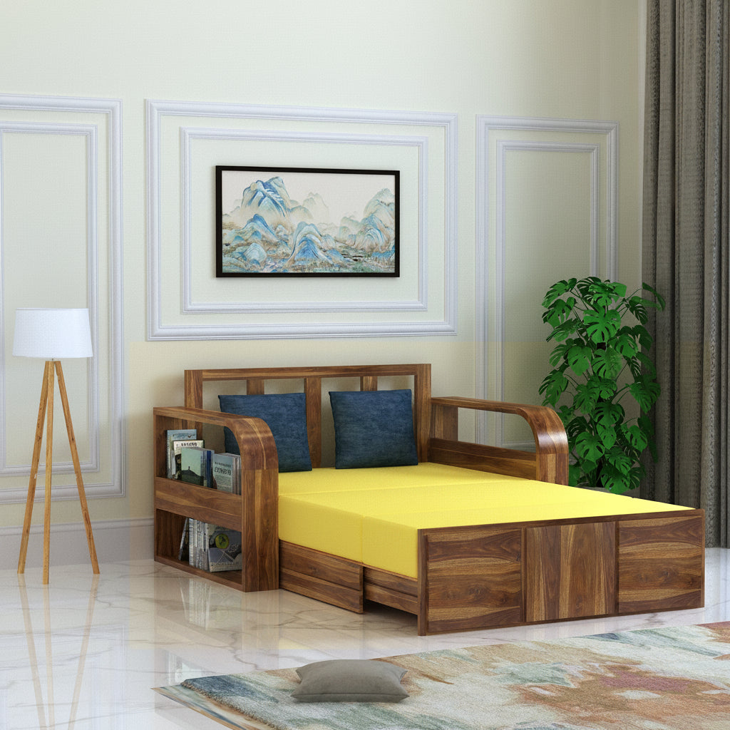 Scott Solid Sheesham Wood 2 Seater Sofa Cum Bed With Mini Storage - 3 Years Warranty