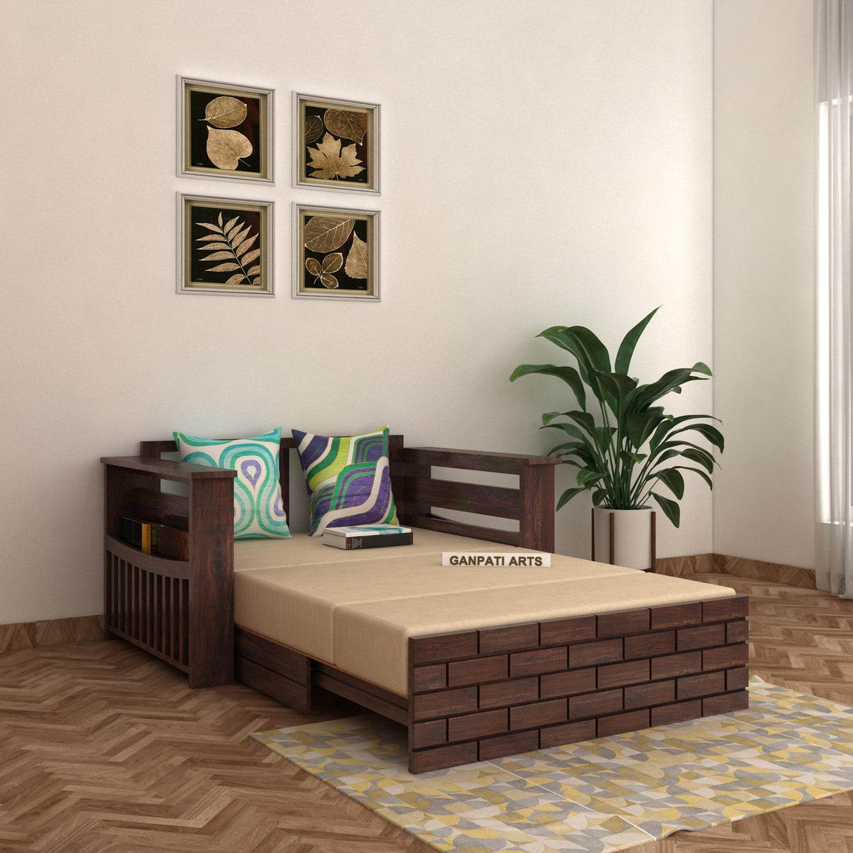 Italian Solid Sheesham Wood 2 Seater Sofa Cum Bed With Side Pockets - 3 Years Warranty