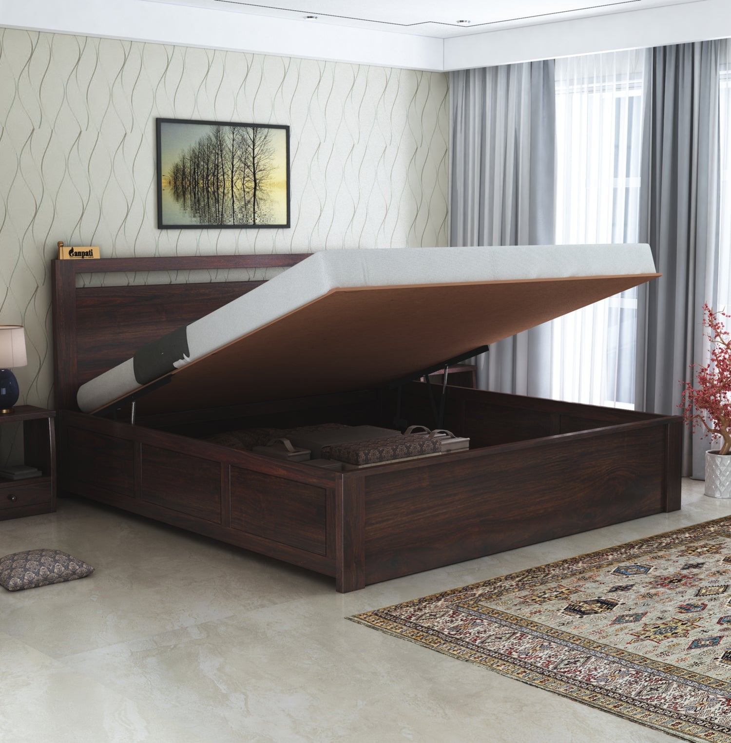 Jaipur Solid Sheesham Wood Hydraulic Storage Bed - 3 Years Warranty
