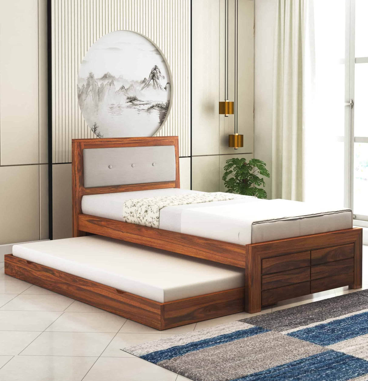 Euro Solid Sheesham Wood Single Trundle Bed With Upholstered Headboard - 3 Years Warranty