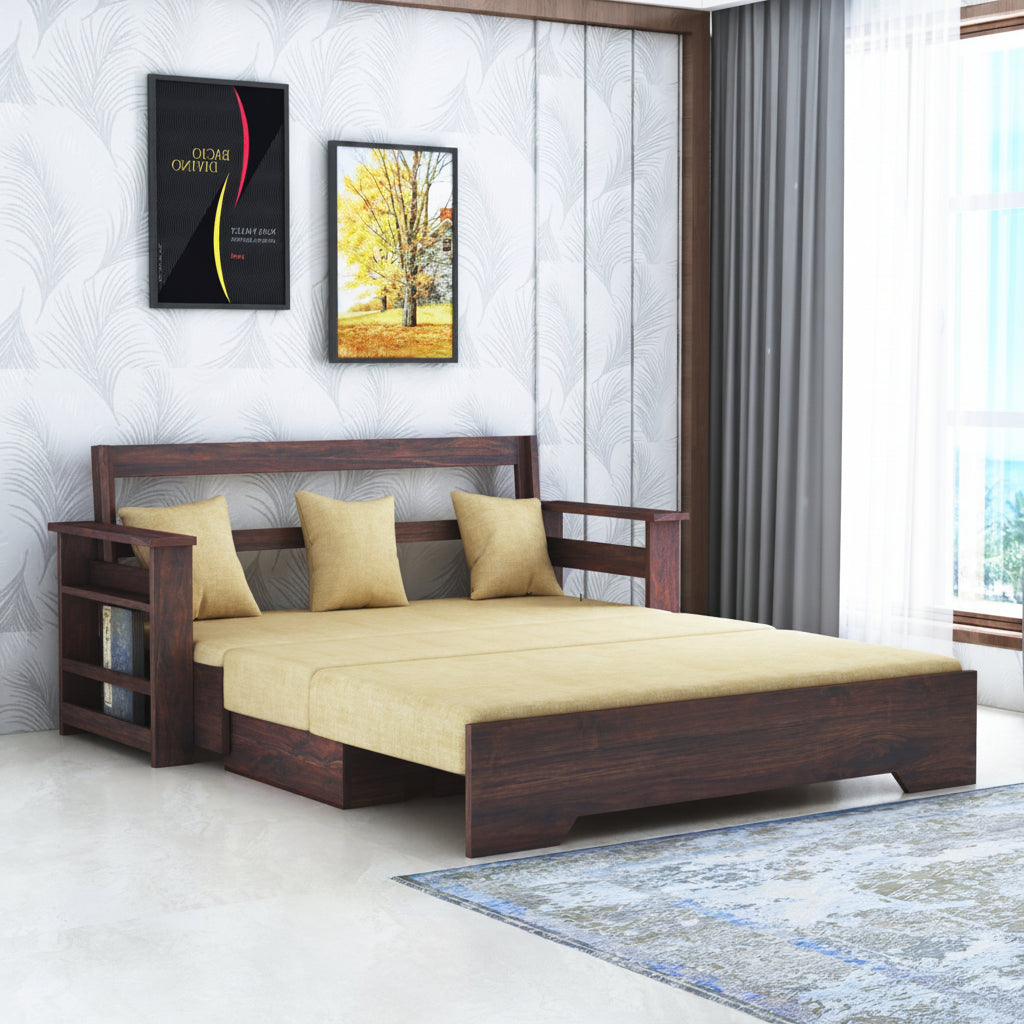 Foster Solid Sheesham Wood 3 Seater Sofa Cum Bed With Side Pockets - 3 Years Warranty