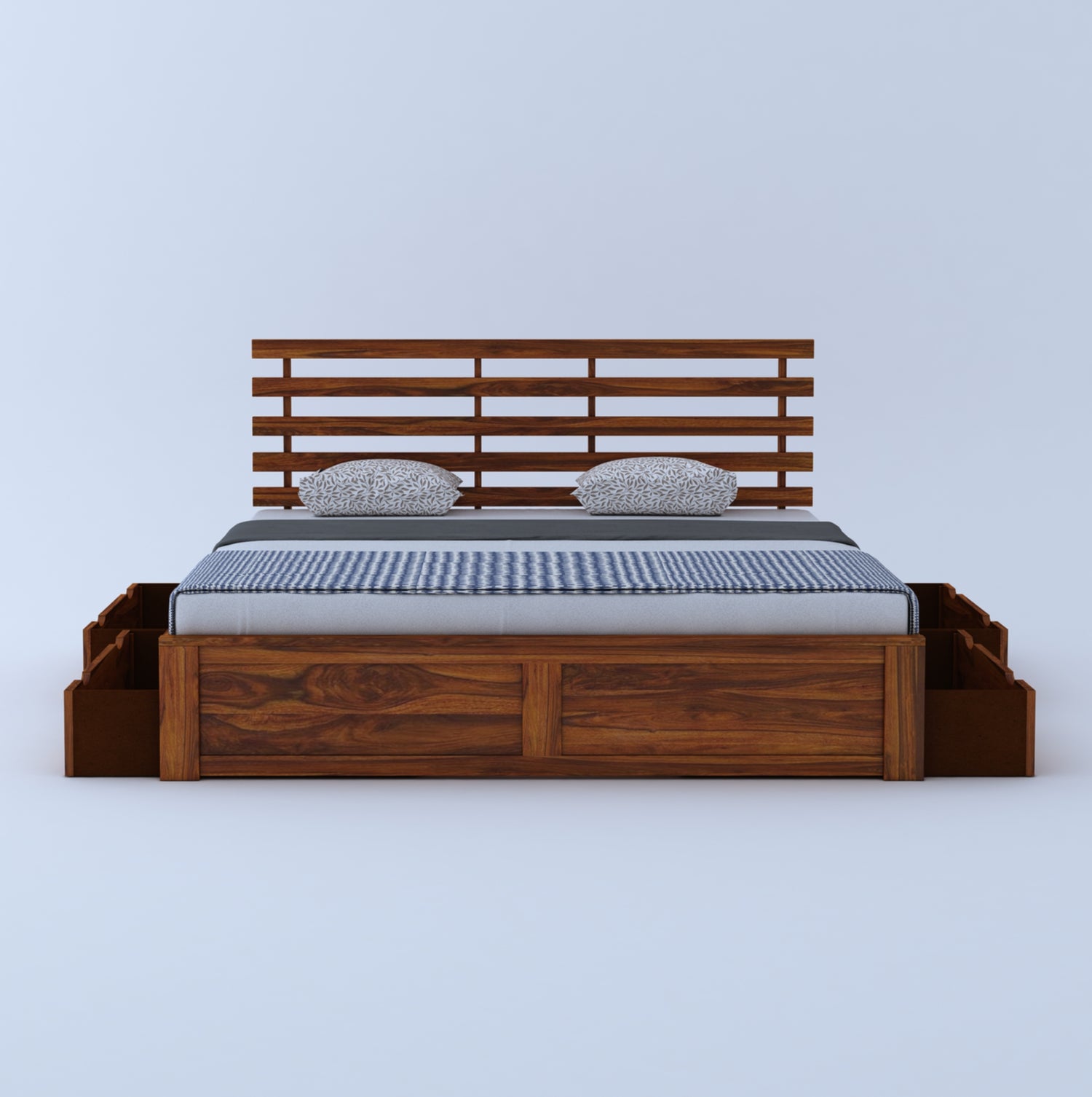 Strap Solid Sheesham Wood Bed With Four Drawer Storage - 3 Years Warranty